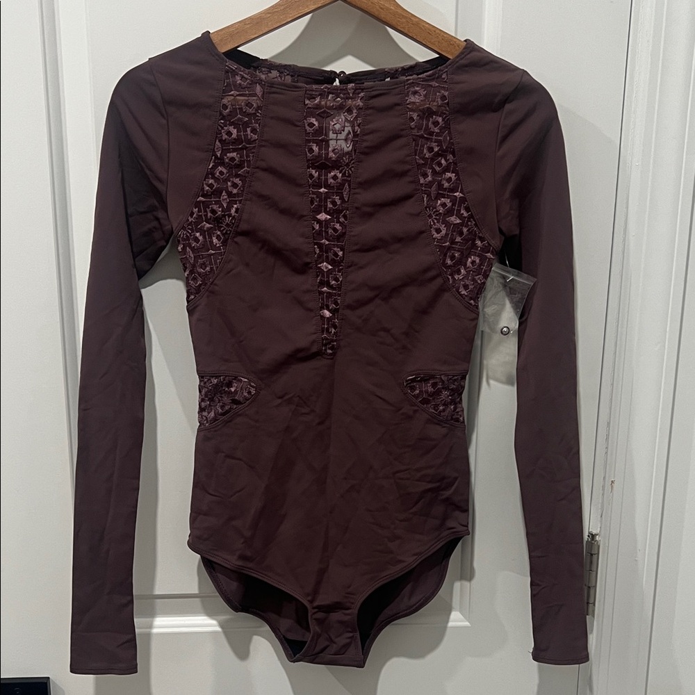 Free People Movement Long-Sleeve Lace-Panel Bodysuit - Plum Size XS NWOT